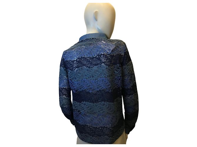Autre Marque Blaue Spitzenbluse mit langen Ärmeln - Ansicht 4