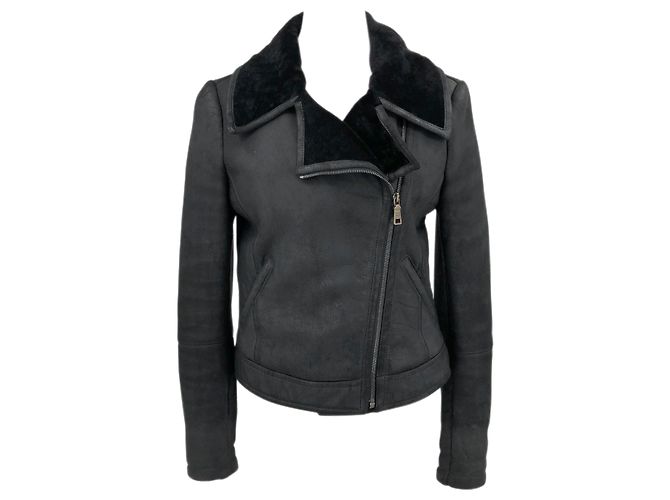 Manteau En Cuir De Mouton Shearling Femme - Noir - Taille 44 - Style Vintage Années 80 - Occasion Très Bon État