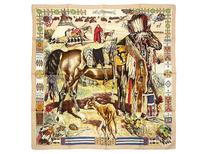 Hermès Hermes „les cheyennes“ Seidenschal Beige Gelb Hellbraun - Ansicht 9