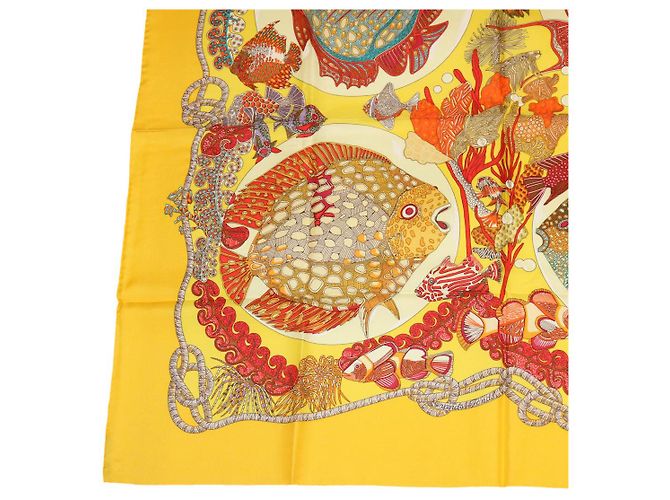 Hermès HERMES CARRE90 Sciarpa ""CARRE Grands Fonds"" Seta Giallo Auth am3180 - vista 5