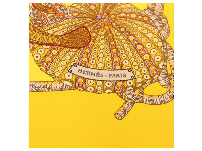 Hermès HERMES CARRE90 Sciarpa ""CARRE Grands Fonds"" Seta Giallo Auth am3180 - vista 7