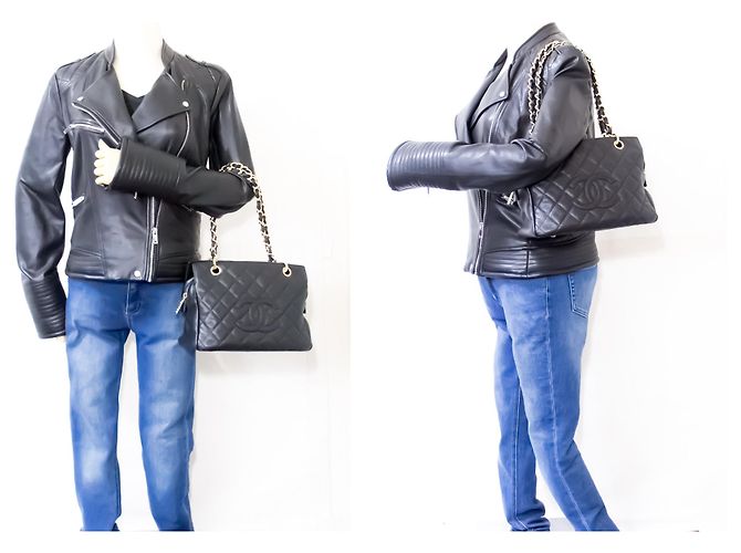 Bolsa de ombro CHANEL com corrente de caviar sacola de compras preta acolchoada Preto - vista 12