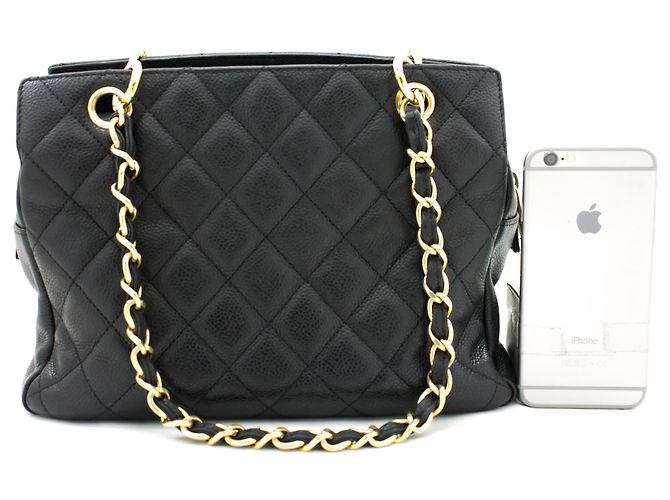 Bolsa de ombro CHANEL com corrente de caviar sacola de compras preta acolchoada Preto - vista 3