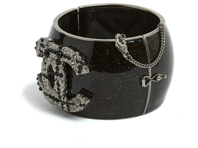 Bracciale manchette Chanel CC Tweed strass argento - vista 3
