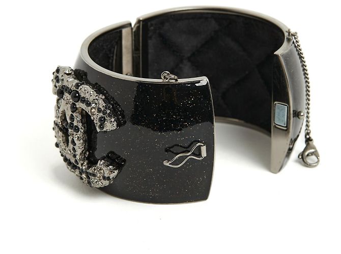 Bracciale manchette Chanel CC Tweed strass argento - vista 4