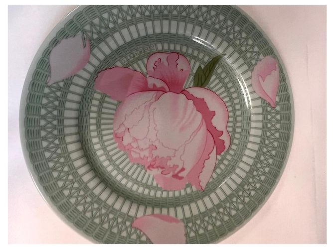 Hermès 4 Porcelain “Les Pivoines” Plates Pink Green - view 24
