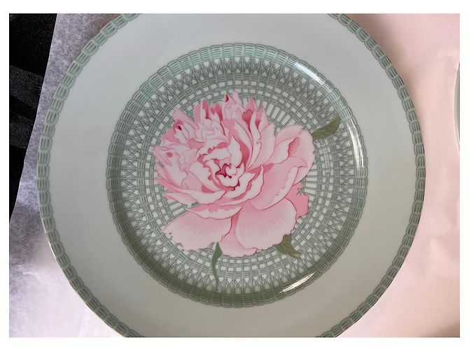Hermès 4 Porcelain “Les Pivoines” Plates Pink Green - view 2