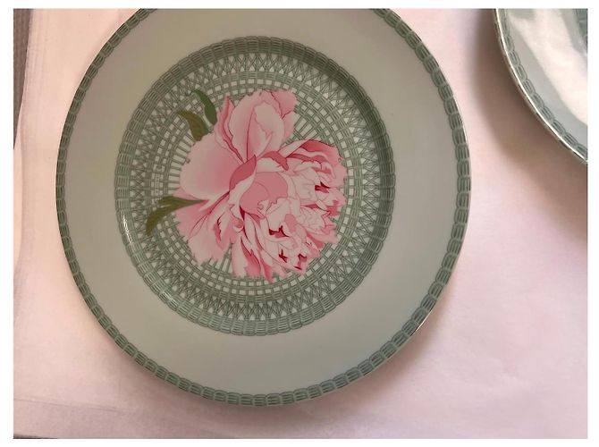 Hermès 4 Porcelain “Les Pivoines” Plates Pink Green - view 5