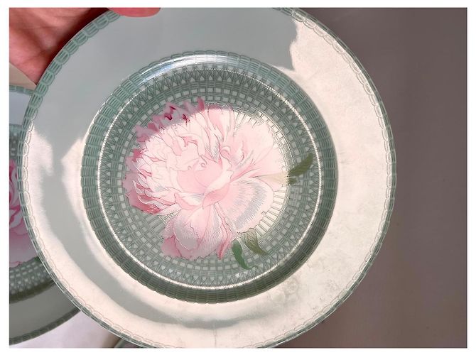 Hermès 4 Porcelain “Les Pivoines” Plates Pink Green - view 17