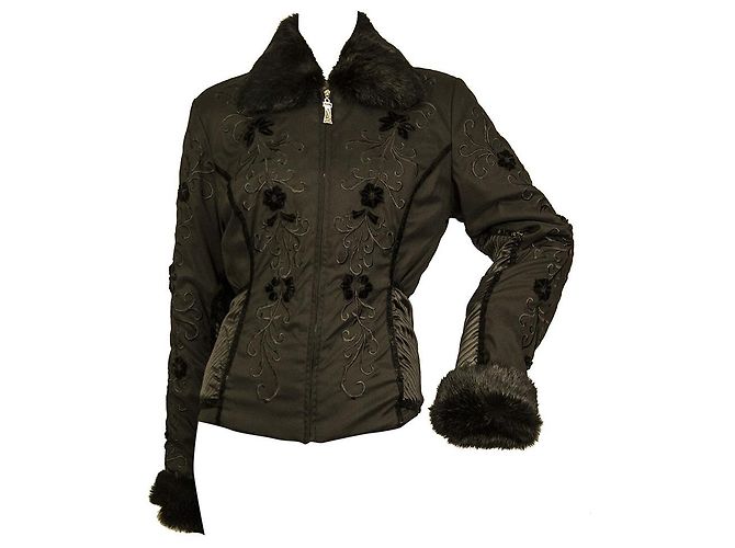 Ebène by Assuline Ebene by Patrick Assuline Black Embroidered Rabbit Fur Collar Cuff Jacket size 2 - view 7