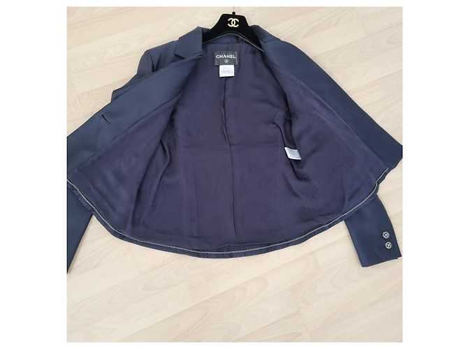 Traje T de algodón/seda azul medianoche de CHANEL44 como nuevo + funda Azul marino - vista 3
