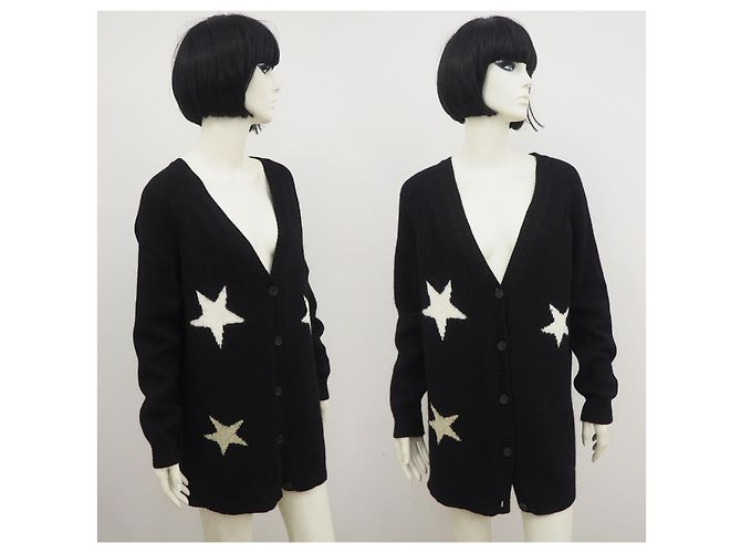 SET Cárdigan extragrande de lana angora de Italia estampado de estrellas negro L Blanco Metálico - vista 2