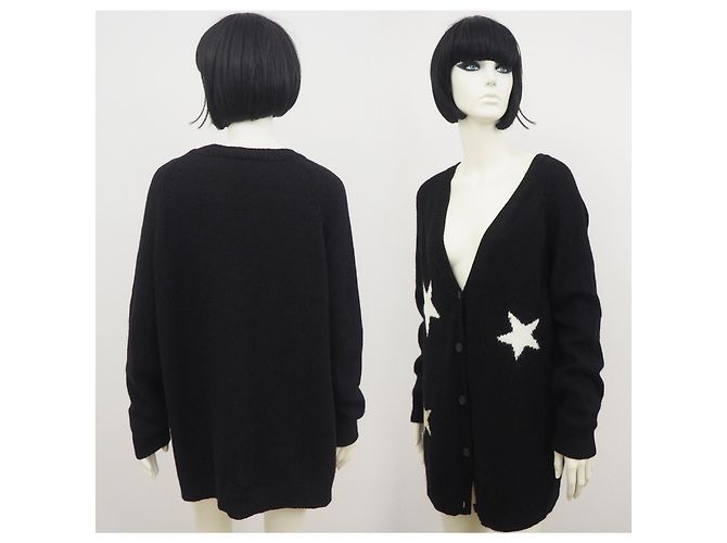 SET Cárdigan extragrande de lana angora de Italia estampado de estrellas negro L Blanco Metálico - vista 3