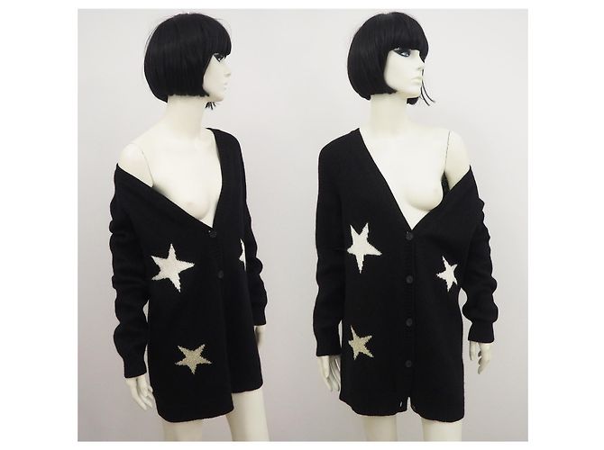 SET Cárdigan extragrande de lana angora de Italia estampado de estrellas negro L Blanco Metálico - vista 4