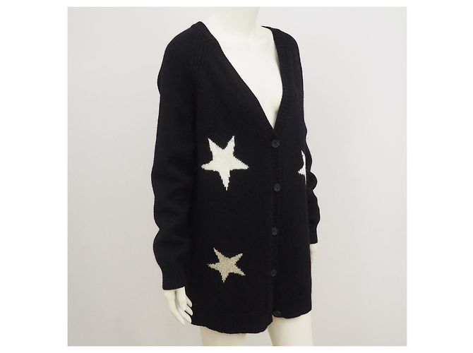SET Cárdigan extragrande de lana angora de Italia estampado de estrellas negro L Blanco Metálico - vista 5