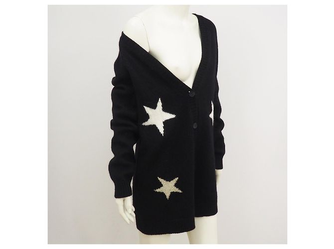 SET Cárdigan extragrande de lana angora de Italia estampado de estrellas negro L Blanco Metálico - vista 6