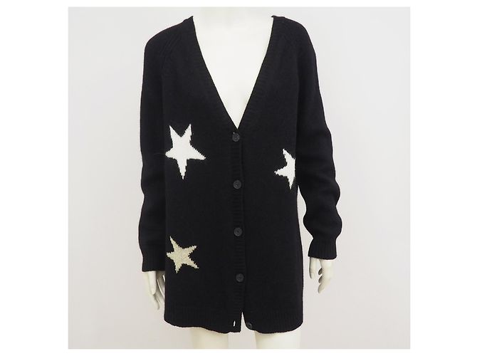 SET Cárdigan extragrande de lana angora de Italia estampado de estrellas negro L Blanco Metálico - vista 7