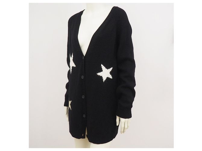 SET Cárdigan extragrande de lana angora de Italia estampado de estrellas negro L Blanco Metálico - vista 8
