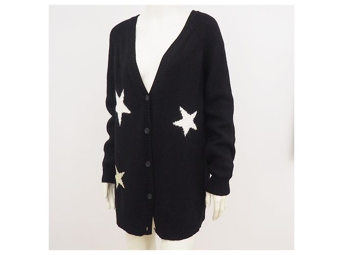 SET Cárdigan extragrande de lana angora de Italia estampado de estrellas negro L Blanco Metálico - vista 9