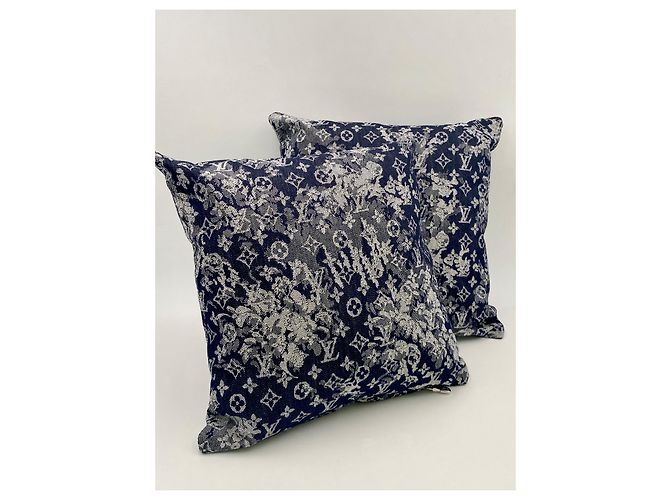 2 cuscini tessuto originale Louis Vuitton denim monogram Blu - vista 12