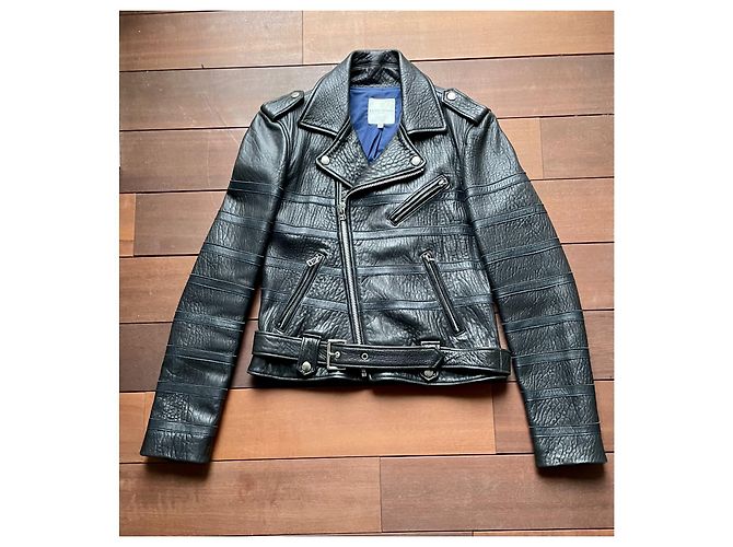 Giacca biker Each X Other in pelle nera e blu notte Nero Blu scuro - vista 2