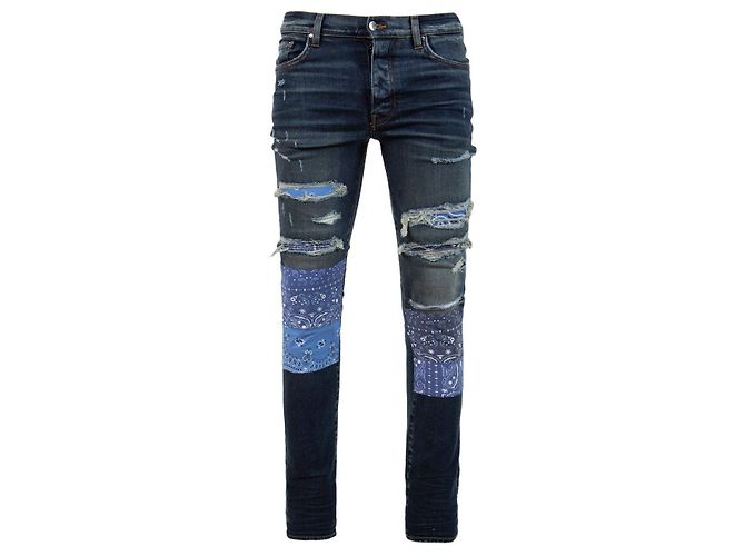 Jean AMIRI Skinny Taille 38 - Patch Flamme Et Bandana Noir/bleu Vieilli, Neuf Avec étiquettes, Coupe Ajustée