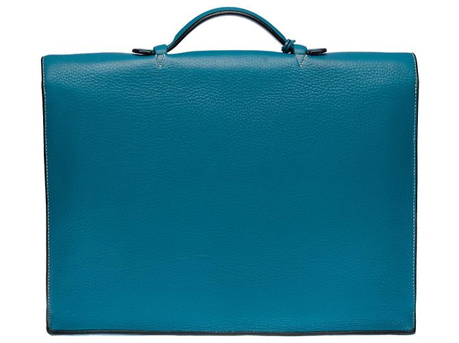 Sac à dépêches Splendida e molto chic borsa Porte-Documents Hermès Dispatch in pelle jeans Togo blu con impunture bianche - vista 2