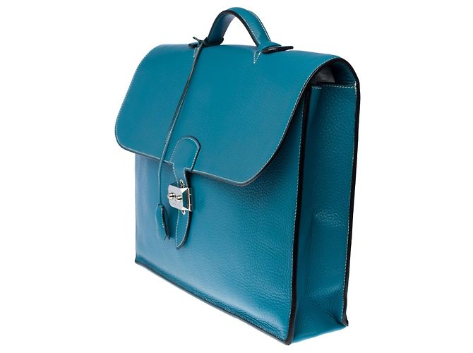 Sac à dépêches Splendida e molto chic borsa Porte-Documents Hermès Dispatch in pelle jeans Togo blu con impunture bianche - vista 3