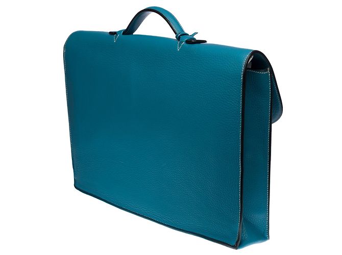 Sac à dépêches Splendida e molto chic borsa Porte-Documents Hermès Dispatch in pelle jeans Togo blu con impunture bianche - vista 4