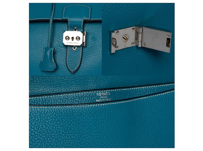 Sac à dépêches Splendida e molto chic borsa Porte-Documents Hermès Dispatch in pelle jeans Togo blu con impunture bianche - vista 5