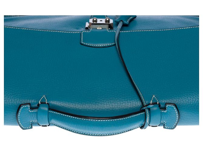Sac à dépêches Splendida e molto chic borsa Porte-Documents Hermès Dispatch in pelle jeans Togo blu con impunture bianche - vista 8