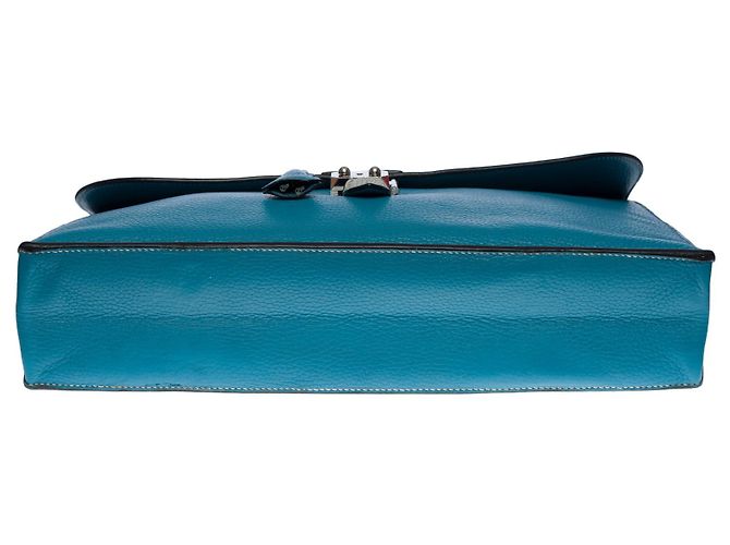 Sac à dépêches Splendida e molto chic borsa Porte-Documents Hermès Dispatch in pelle jeans Togo blu con impunture bianche - vista 9
