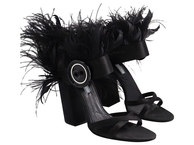 Sandali Prada Feather Block Heel in raso nero - vista 2