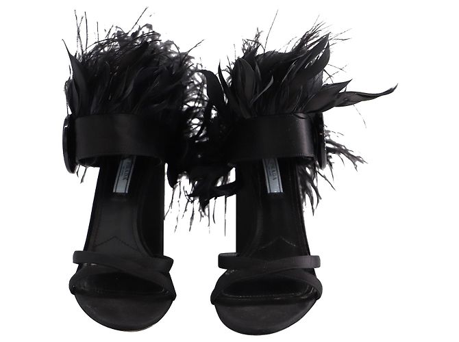 Sandali Prada Feather Block Heel in raso nero - vista 3