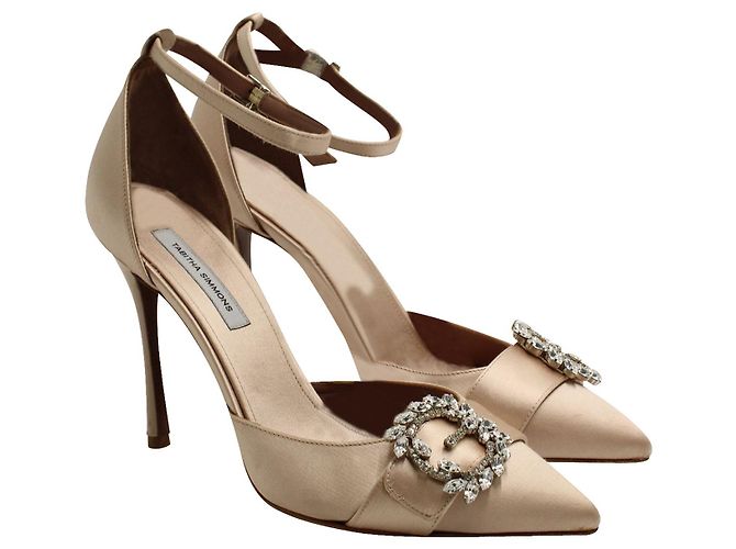Tabitha Simmons Nude Satin Stilettos with Crystal Buckle - view 2
