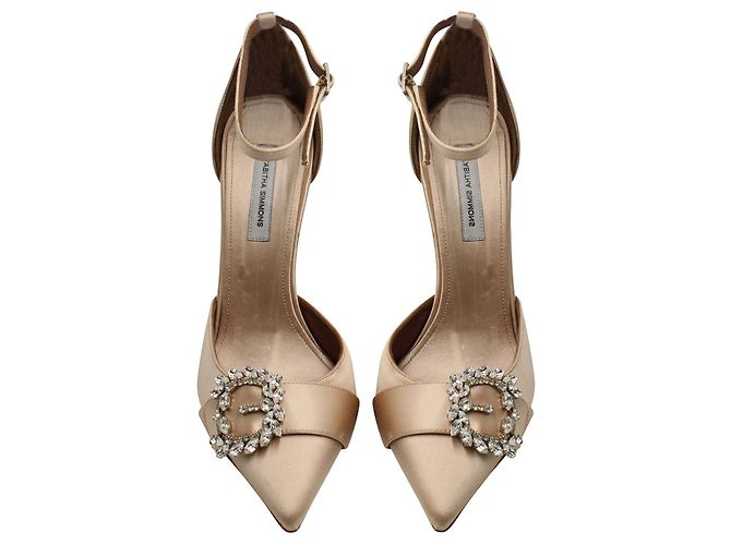 Tabitha Simmons Nude Satin Stilettos with Crystal Buckle - view 3