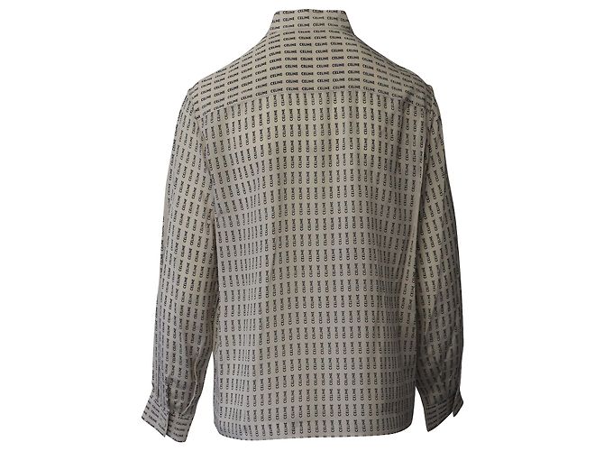 Céline Camisa Celine Logo Button Down em Seda Creme - vista 3