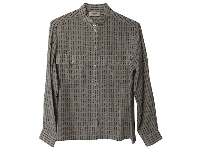 Céline Camisa Celine Logo Button Down em Seda Creme - vista 4