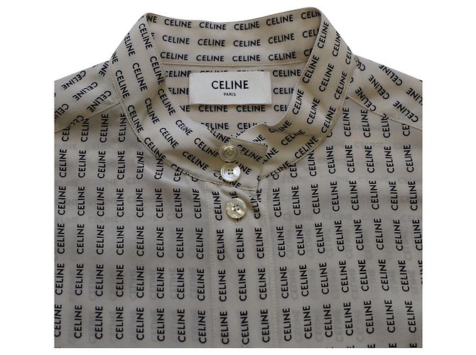 Céline Camisa Celine Logo Button Down em Seda Creme - vista 6