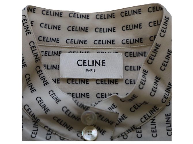 Céline Camisa Celine Logo Button Down em Seda Creme - vista 7