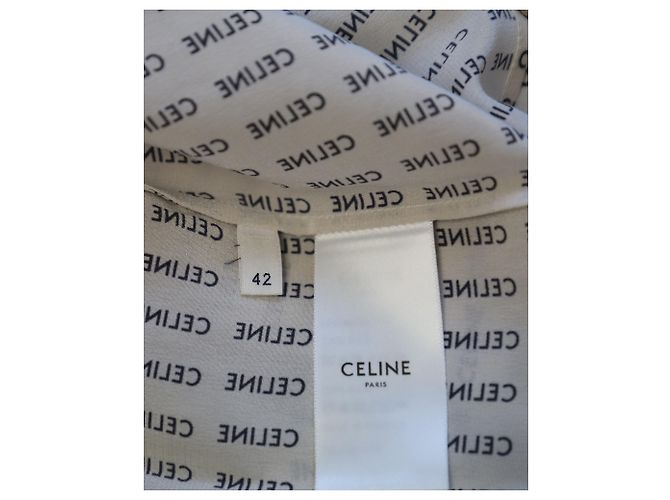 Céline Camisa Celine Logo Button Down em Seda Creme - vista 8