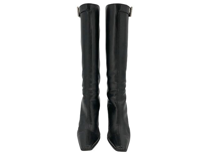 Prada-Stiefel aus schwarzem Leder mit eckiger Spitze und oberer Schnalle - Ansicht 3