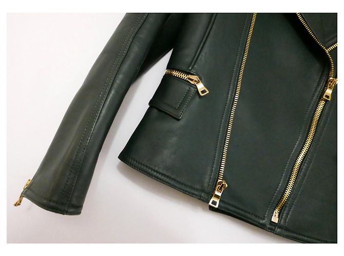Balmain hunter green leather biker jacket - view 4