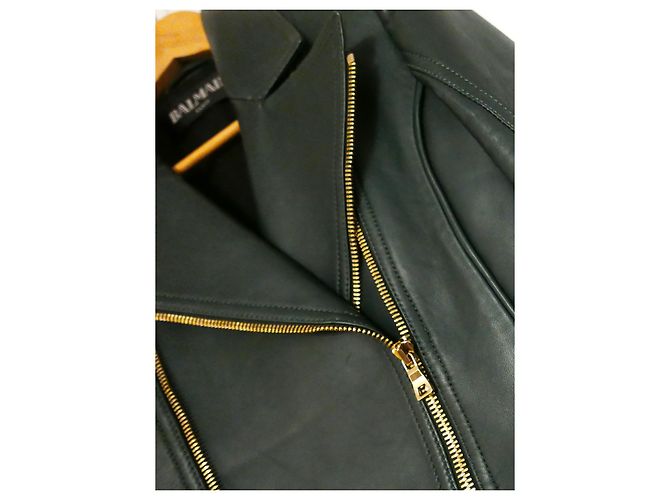 Balmain hunter green leather biker jacket - view 5