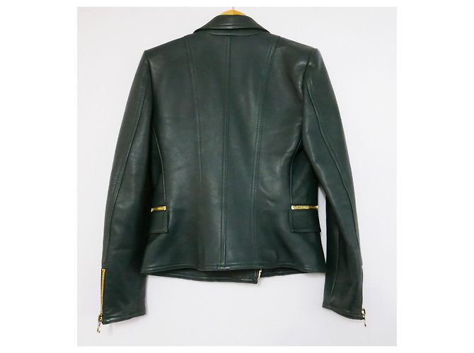 Balmain hunter green leather biker jacket - view 6