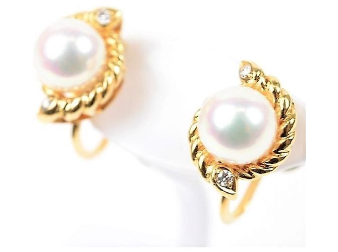 Boucles D'oreilles Femme Perle Blanche Avec Nœud Et Diamants - Doré - Modèle V1, Neuves Avec étiquettes