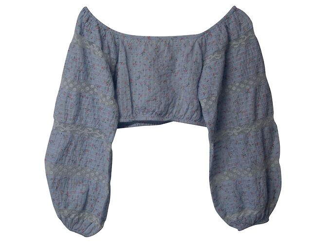 LoveShackFancy Albertina Floral Crop Top in Light Blue Cotton - view 5