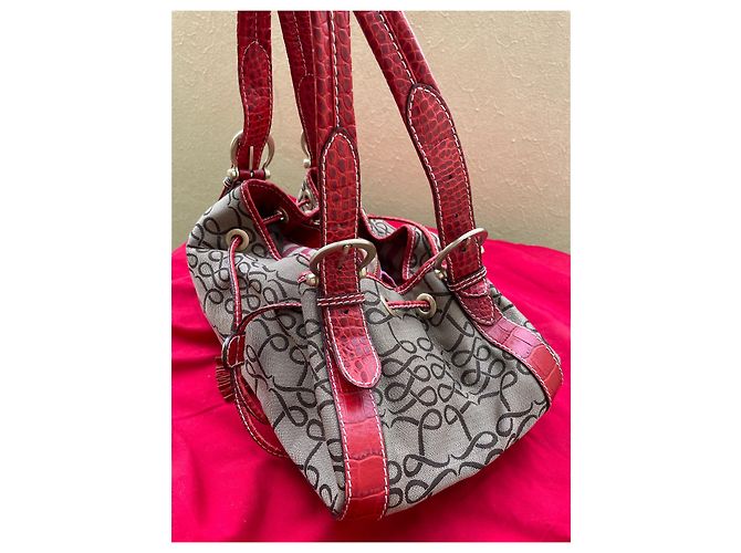 Autre Marque Bolsa de mão vermelha em tela monogramada e couro efeito crocodilo Vermelho Castanho claro - vista 10