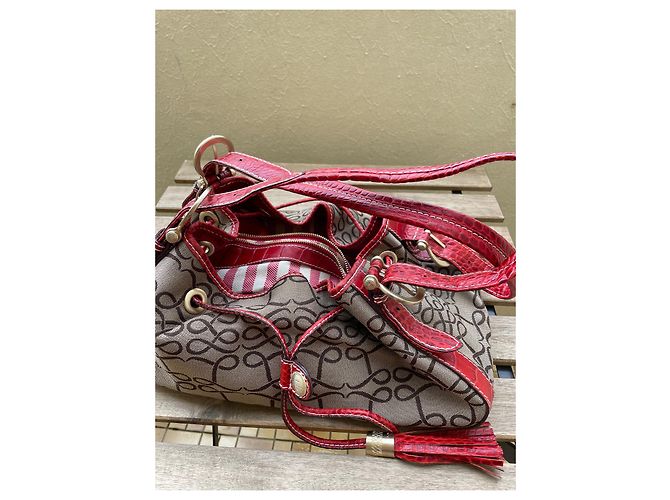 Autre Marque Bolsa de mão vermelha em tela monogramada e couro efeito crocodilo Vermelho Castanho claro - vista 11