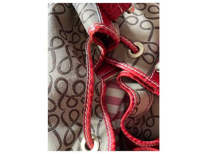 Autre Marque Bolsa de mão vermelha em tela monogramada e couro efeito crocodilo Vermelho Castanho claro - vista 13
